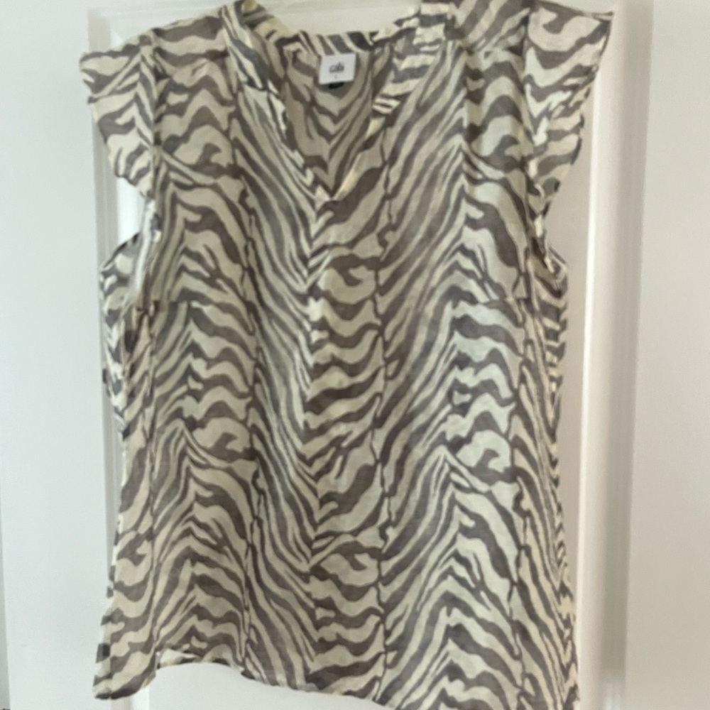 CAbi “Savanna” Gray and White Zebra Patterned Ruffled Blouse